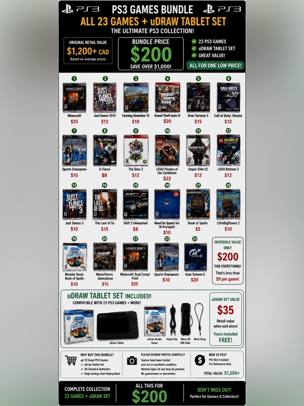 PS3 Games Bundle 🎮 23 Games + uDraw Tablet & Original Box